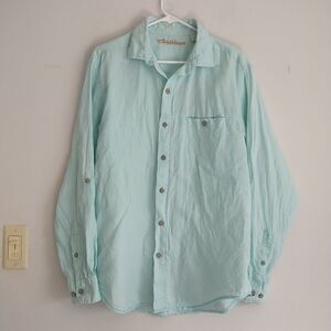 Caribbean Button Up Shirt Mens L Blue Linen Roll Tab Sleeve Pocket Preppy Resort